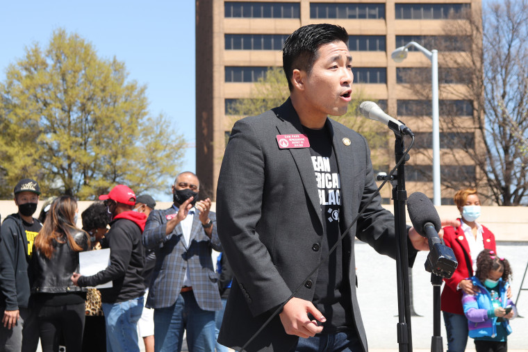 Image: Georgia state Rep. Sam Park speaks at a rally against anti-Asian violence.